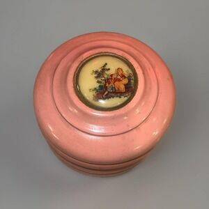 Vtg Pink Ceramic Powder Jar Music Box Vanity Trinket Romantic Scene Works